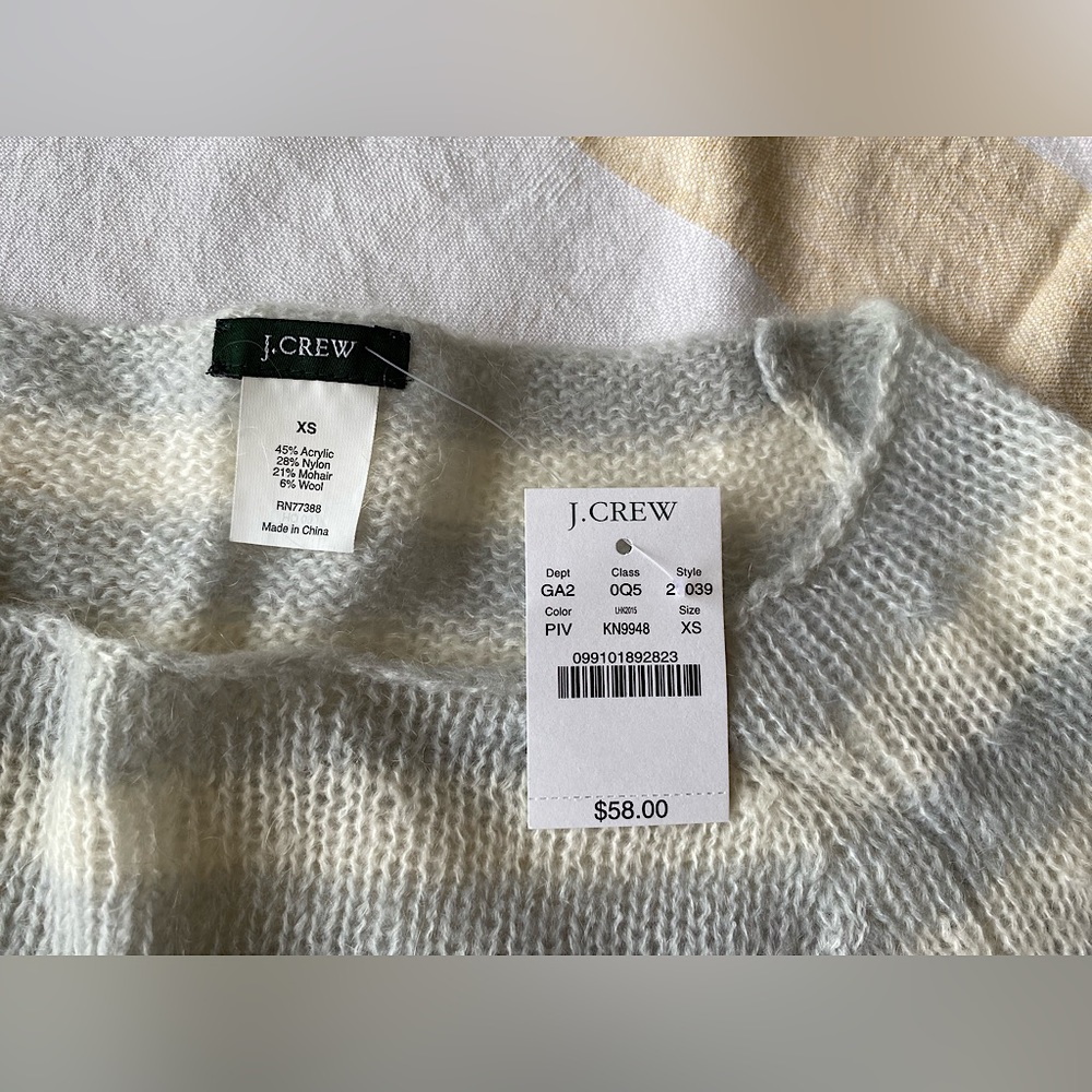 J.Crew NWT 🩶 Soft Cozy Mohair-Blend Loose-knit Sweater Grey/White Stripe SZ XS - Picture 7 of 16
